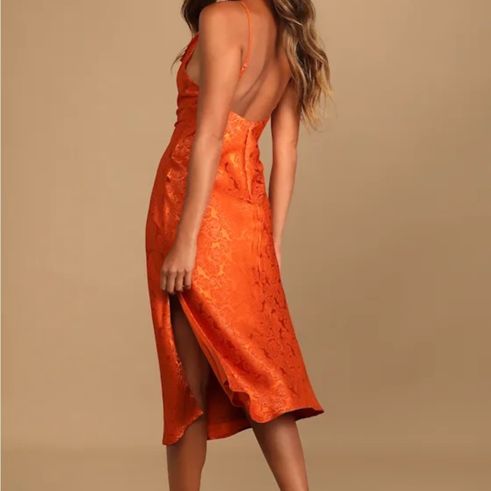 Lulus You're My Type Rust Orange Satin Jacquard Midi Slip Dress